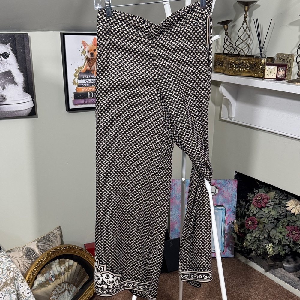 NWT Max Studio Cream/Black/Tan Medallion 2 piece set Wide-Leg Pants and Kimono - Picture 7 of 13